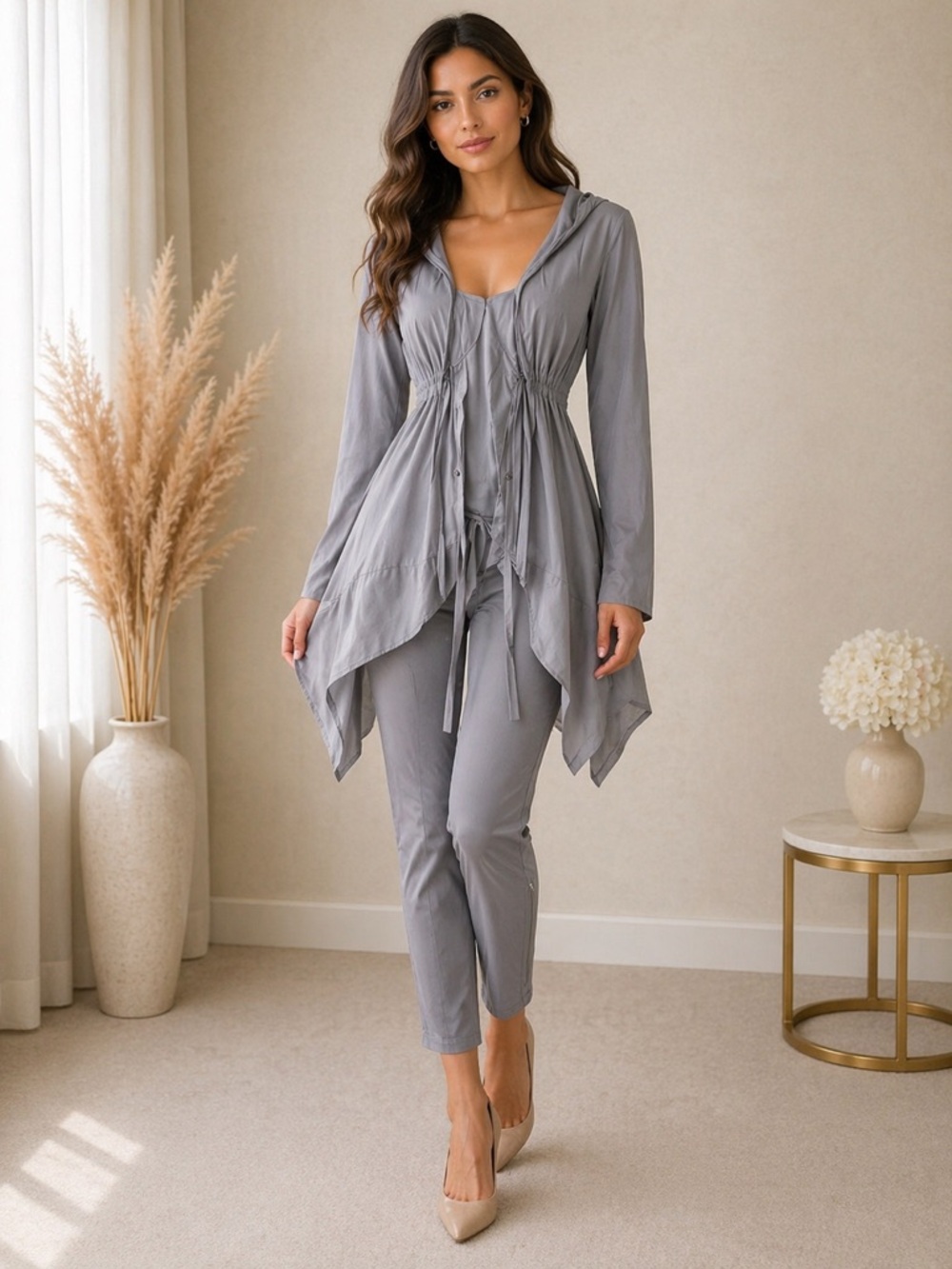 Sunlight Paris Gray Stretch Leggings 2 (M) Polyamide Side Stripe Zipper